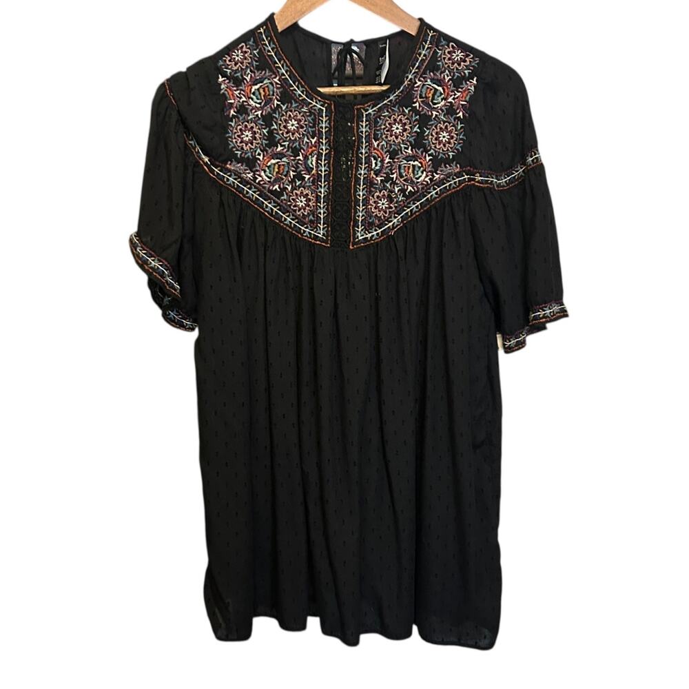 Zara Women Boho Cottage Embroidered Peasant Top XS Black Swiss Dot Tassel Tie